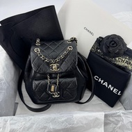 Chanel 22C Shiny Calfskin Black Quilted Small Duma Pockets Drawstring Backpack