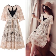 ✘♀☂(2pcs/set) fat mm summer slimming belly cover two-piece dress plus size women s woman lace suit
