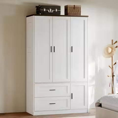 Freestanding Wardrobe Closet 70.6" H, Tall Armoire Wardrobe Closet 3 Doors with Hanging Rod, Drawers