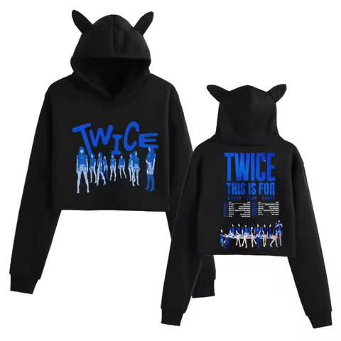 Twice This Is For Merch Crop Tops Cat Ears Sweatshirt Long Sleeve Girls Fashion Hoodie