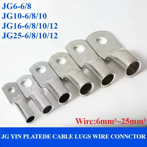 JG6/JG10/JG16/JG25 Terminal Cable Lug M6 M8 M12 6mm2 10mm2 16mm2 25mm2 Bolt Hole Tinned Copper Cable