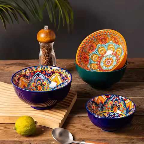 Bohemian Rice Bowl Home Creative Personality Ceramic Bowl High Appearance Level Retro Noodle Bowl Ea