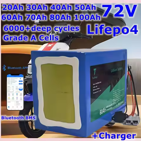 Batterie au lithium LiFePO4 avec chargeur, Bluetooth, BMS, 72V, 50Ah, 60Ah, 30Ah, 72V, 40Ah, 100Ah,