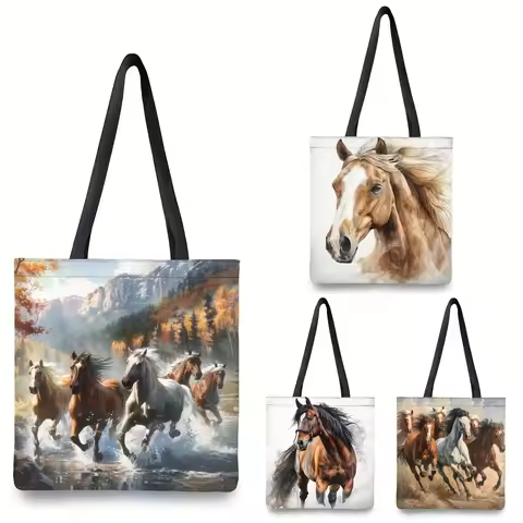 Dynamic Horse Print Tote Bag | 1pc | Linen | Large Capacity, Durable | Work, School, Shopping |40X40