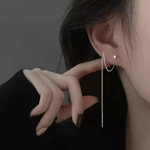 1Pair S925 Silver Needle 13CM Square Earrings Line Tassel Chain Drop Earring Women's Ear Line Straig