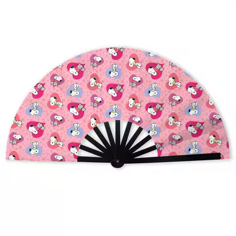 Seamless Snoopy Woodstock And Hearts Pattern Stylish Hand Fan Women Printed Polyester Fan Vintage Fo