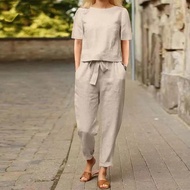 2024 Women's Cotton Linen Matching Suit Half-Sleeved O-Neck Oversized Blouse e Wide-Leg Pants Retro 