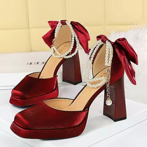 BIGTREE Shoes Chunky Block Heels Women's Sandals Pearl Chain Design High Heels Fashion Wedding Shoes