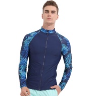 Floral Men UPF 50+ Long Sleeve Rashguard Splice UV Sun Protection Basic Skins Surfing Diving Swimming T Shirt Blue Black M 3XL