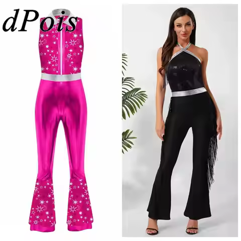 70s 80s Disco Costume Women's Streetwear Jumpsuit Shiny Clubwear Flared Long Pants Rompers Flares Me