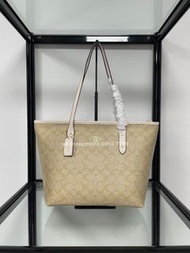 🎀Brand New Free Shipping💙Coach 購物袋 F58292 經典C字logo tote手提包 塗層帆布配皮革｜Color 淺卡其色配白色｜Size 29x27x14💙配件全齊適