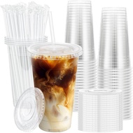 Lamosi 100 Pack 20 oz Clear Plastic Cups with Lids and Straws, Disposable Iced Coffee Cups with Lids