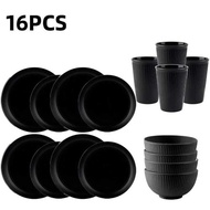 4/16Pcs Black Wheat Straw Cutlery Dishes ls Disk Water Cup Tablee Unbreakable Reusable Kitchen Dinne