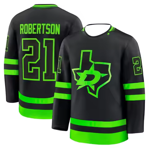 Hockey Jersey - Black with Neon Green Accents "Robertson 21" Texas-Shaped "D" Star Logo Breathable S