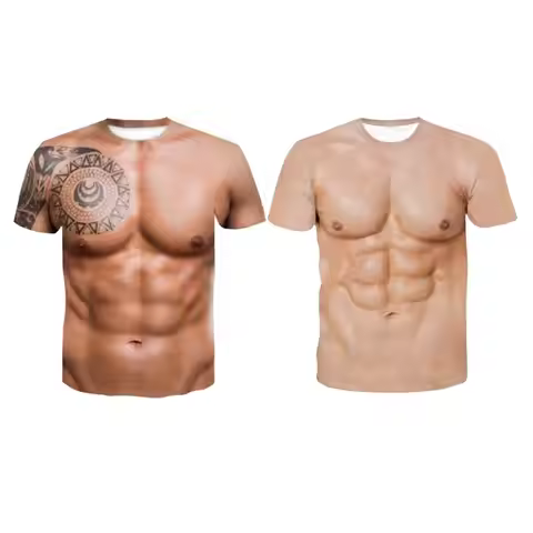 Graphic Men's Muscle T Shirt Fake Muscle Shirts Abdominal Tops Strongman 3D Body Pattern Short Sleev
