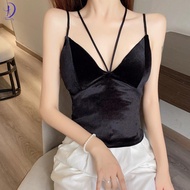 Halter Neck Camisole Women's Chic Velvet Bottoming Top with Breast Pads