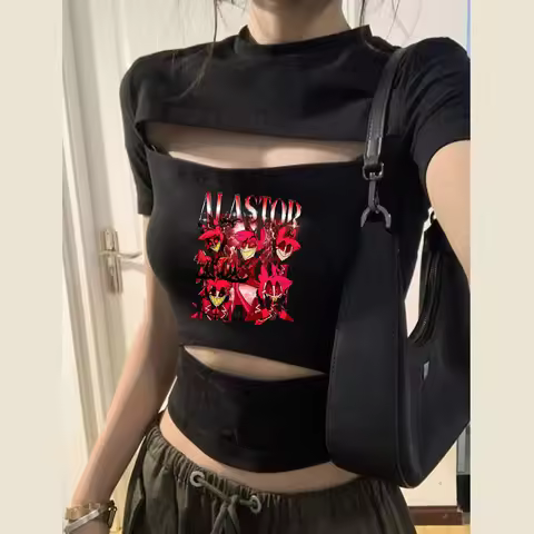 Hazbin Hotel cropped top girl funny y2k cheap emo dollette t-shirt manga dollette japan harajuku