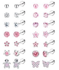 14Pairs Hypoallergenic Screwback Earrings for Women Tiny CZ Pearl Ball Heart Flower Screw Back Earri