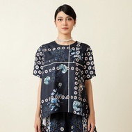 RTW Studio Women's Short Sleeve Blouse Print Ankara Handkerchief Navy Blue