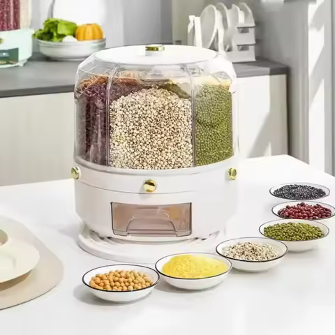 Rotating Cereal Dispenser Household Kitchen Food Sealed Dry Cereal Grain Bucket Dispenser Moisture-p