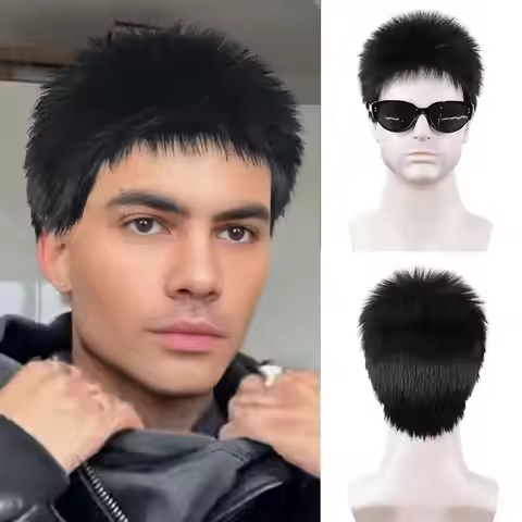 Mens Black Wigs Short Layered Fluffy Wig for Men Male Synthetic Hair Black Buzz Cut Wigs Daily and C