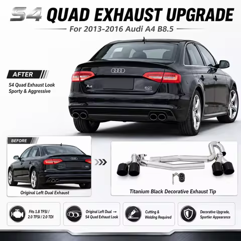 Exhaust Tip For Audi A4 B8.5 2013-2016 S4 Style Upgrade Left Dual To Quad Tailpipe 1.8 TFSI 2.0 TFSI