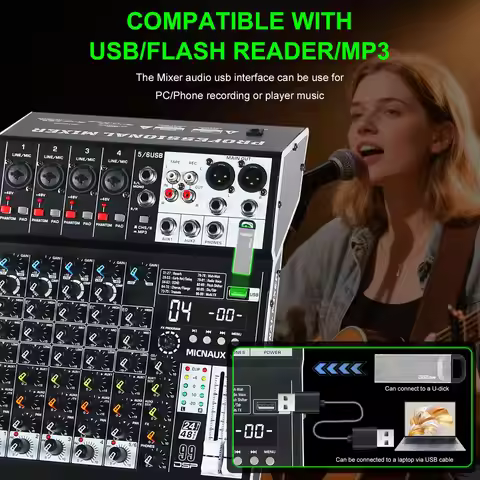 FULODE 6-Channel Pro DJ Audio Mixer 99 DSP Effects USB Bluetooth 48V Phantom PAD for Recording Karao
