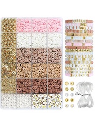 1800入組友誼手環製作套件,粉色和棕色5種顏色的扁平聚合物粘土珠子,內含300顆字母珠和金色間隔珠,適用於diy手工首飾製作工具和禮物
