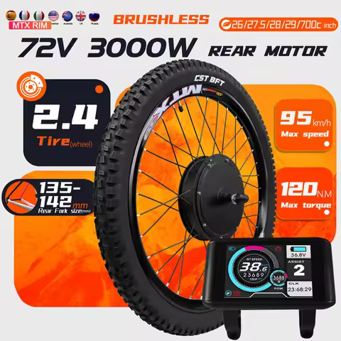 72V 3000W Electric Bike Conversion Kit with 2.4tire 26-29inch 700C E-Bike Rear Brushless Hub Motor B