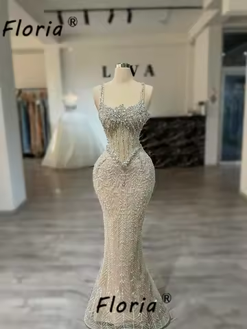 Sleeveless Spaghetti Strap Mermaid Prom Dress Champagne Crystals Lace Special Party Dresses Birthday