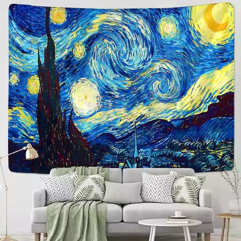Tapestry Famous Van Gogh Print Blanket Wall Hanging Star Moon Night Tapestry Decorative Blanket Fabr