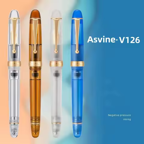 Asvine V126 Vacuum Filling Fountain Pen EF/F/M Nib, Beautiful Transparent Brown/ Matte Blue, White A
