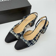 CHANEL 香奈兒 藍色 黑色 白色 經典毛呢織物 CC 露跟鞋 SIZE 38