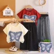 New Summer Children Casual Suit Kids Girl's O-neck Big butterfly T Shirt Long Pants 2Pcs/set Baby In