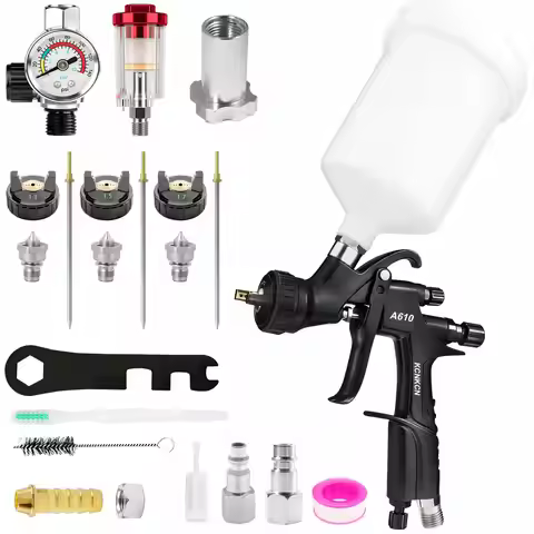 A610 LVLP Air Spray Gun 1.3/1.5/1.7mm with Air Regulator Gauge & 600ml Cup, Paint Sprayer for Car, H