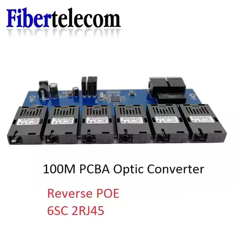 Reverse POE Switch 100M PCBA Board Fiber Optic Media Converter 2 RJ45 to 6 SC Optic Connector 3A+3B 