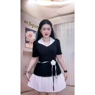 Bigsize peplum shirt with short sleeves and collar with straps and free Korean cotton flowers [TN416