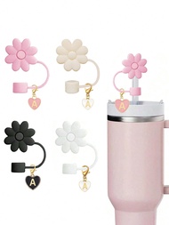 2pcs/Set Heart Letter & Flower Straw Topper, Silicone Flower Straw Cover Cap & Heart Letter Cup Mark