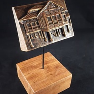 Keceramics Handmade Ceramic Kampung House Loose Tile on Wooden Stand (15 x 11 x 3.5 cm) Malaysian So