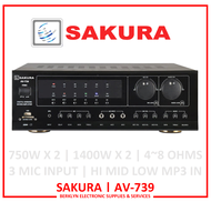 Sakura AV-739 / Karaoke Amplifier / USB SD MP3 / 3 MIC INPUT / 750W X 2 8OHMS / 1400W X 2 4OHMS/ HI MID LOW / ECHO REPEAT DELAY / AV739