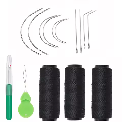 Needle and Thread for Hair Extensions 3 Roll Hair Weave Sewing Threads with 10Pcs C J I Shape Curved