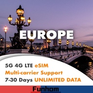Europe 4G LTE eSIM 7-30 Days UNLIMITED DATA Support 2 Networks For 26 Countries in Europe with Super