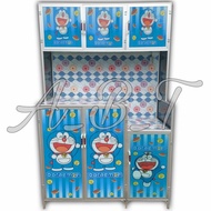 rak piring aluminium keramik 3 pintu legok kaca lukis doraemon