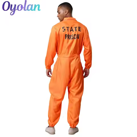 Mens Womens Prisoner Convict Cosplay Costume Halloween Orange Jail Overalls Jumpsuit Lapel Jailbird 