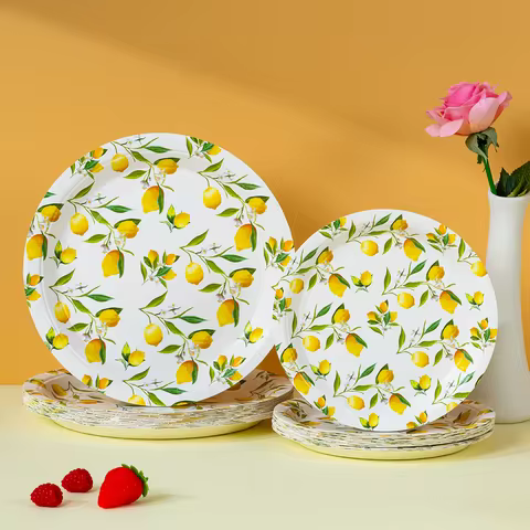 Yellow Lemon Green Leaf Disposable Round Paper Plates, Lightweight Party Paper Plates for All Occasi