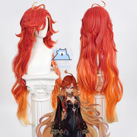 Game Genshin Impact Mavuika Cosplay Wig Red Gradient Color Curly Wig Hair Slices Heat-resistant Fibe
