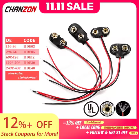 9V Battery Connector Snap Clip Power Adapter T-type I-type Dual Wire Holder Cable 9Volt 15cm Lead So