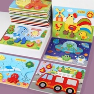 Wooden puzzles of animals and thick wooden vehicles