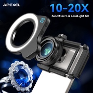 APEXEL 10-20X Zoom Macro Lens With LED Fill Light Universal Clamp HD Camera Lens Kit For Iphone Sams