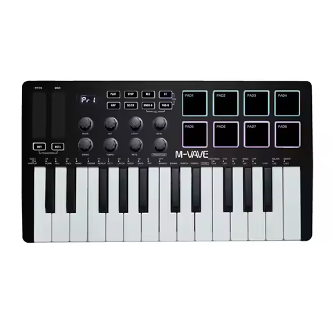 M-VAVE Portable MIDI 25-Key USB MIDI Keyboard Controller with 8 Backlit Drum Pads 8 Knobs 8 RGB Musi
